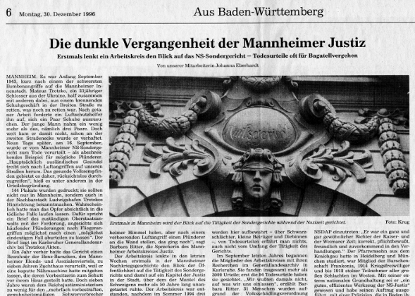 „Die dunkle Vergangenheit...“ Artikel in der Stuttgarter Zeitung mit einem Foto des Mannheimer Amtsgericht
